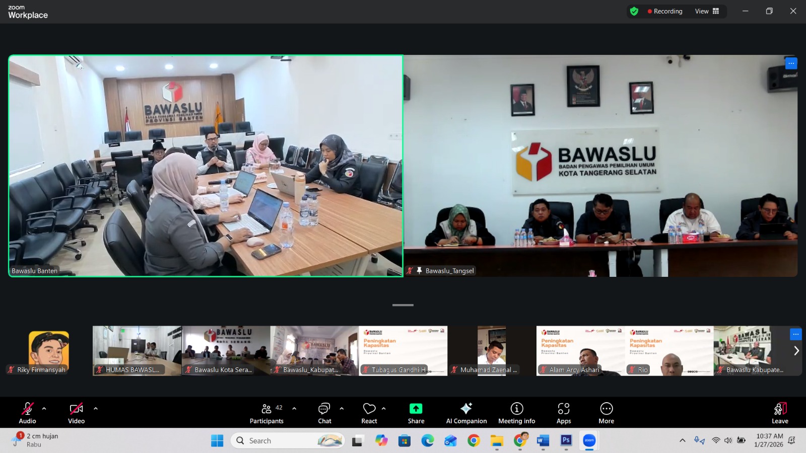 Rapat Koordinasi Penyampaian Program Kerja oleh Bawaslu Kabupaten dan Kota kepada Bawaslu Provinsi Banten dilakukan secara daring, Selasa (27/01).